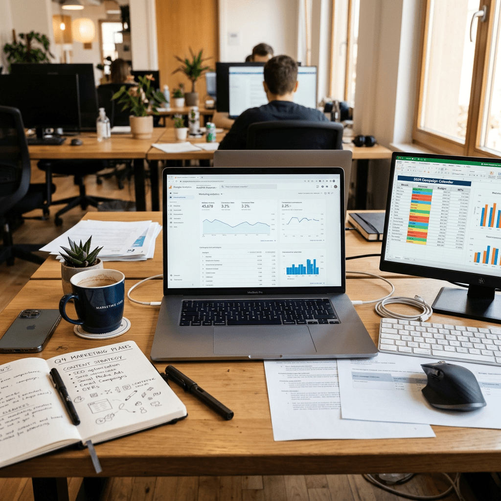Laptop and monitor displaying marketing analytics and campaign calendars on office desk
